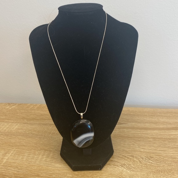 Artisan Handcrafted Black & White Fused glass pendant w dichroic purple glitter - Picture 9 of 9